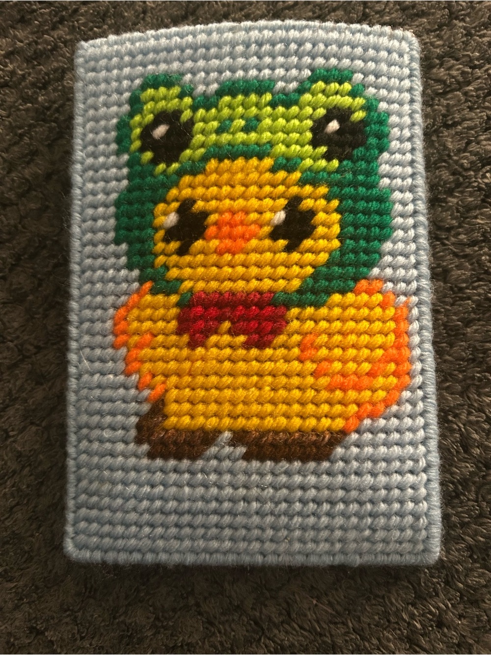 Handmade Cross Stitch eye glasses case Duck in Frog Hat - Bright Yellow & Green